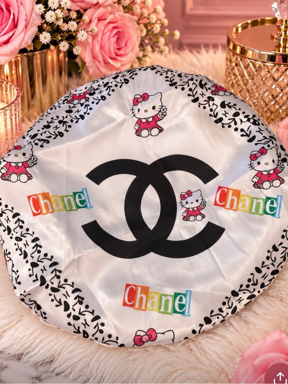 White & Black Logo Satin Bonnet